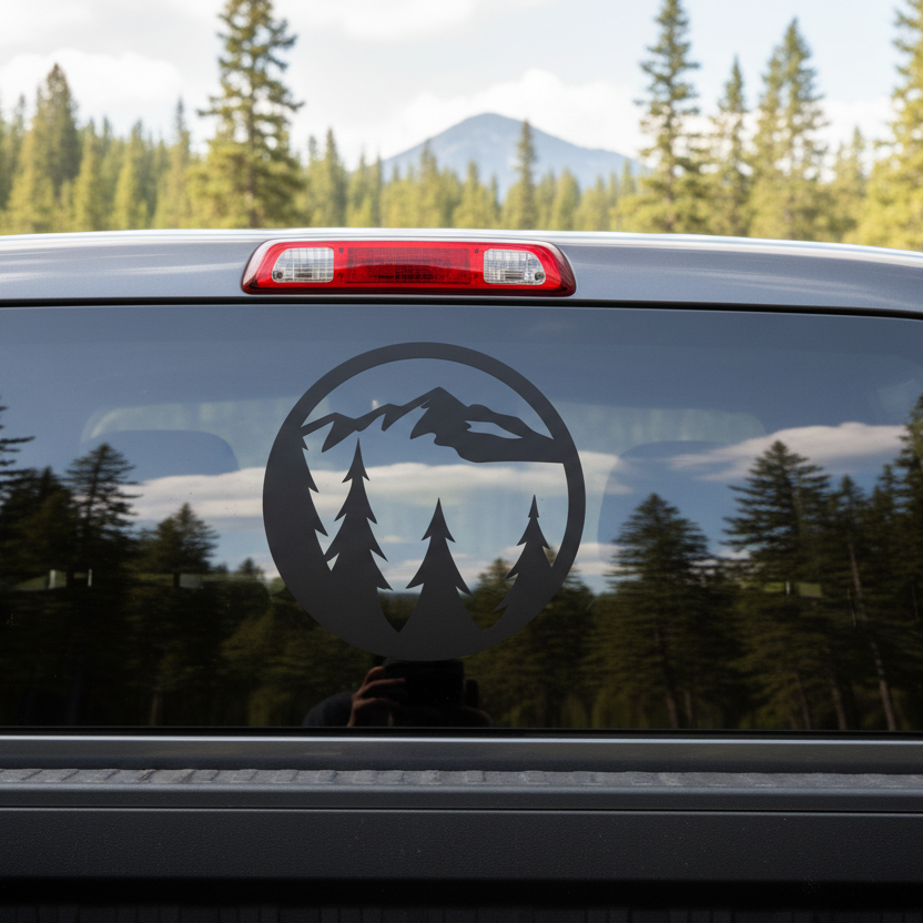 Truck window with nature-themed decal of mountains and trees against a forest background