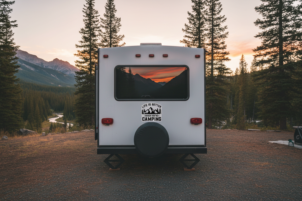 Black and white graphic with mountains and trees and text 'Life is better when you're camping'.