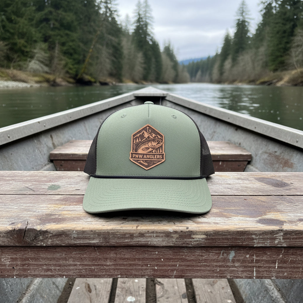 Green baseball cap with logo and text on a wooden bench seat of a drift boat