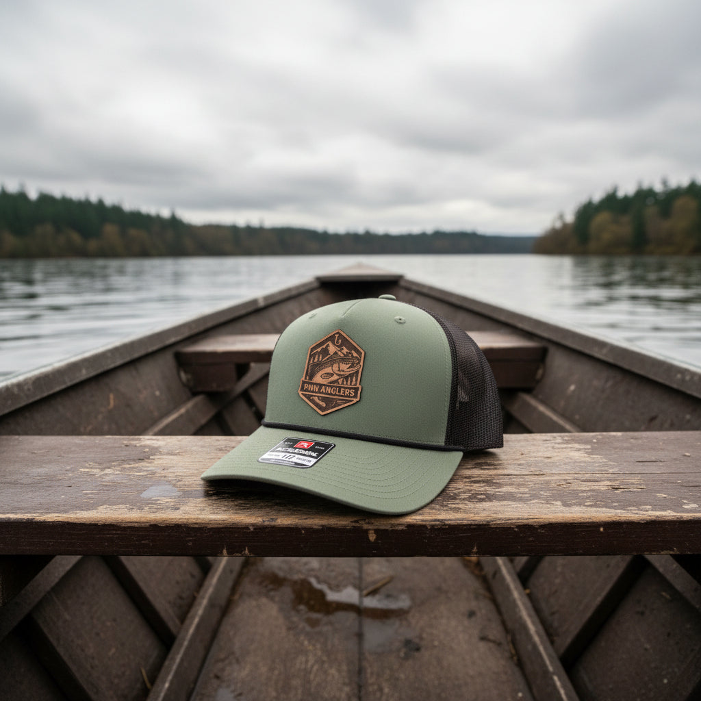 Green baseball cap with logo and text on a wooden bench seat of drift boat