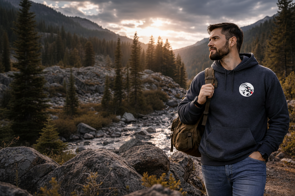 Man wearing a dark hoodie with a logo, holding a backpack, standing in a mountainous landscape.