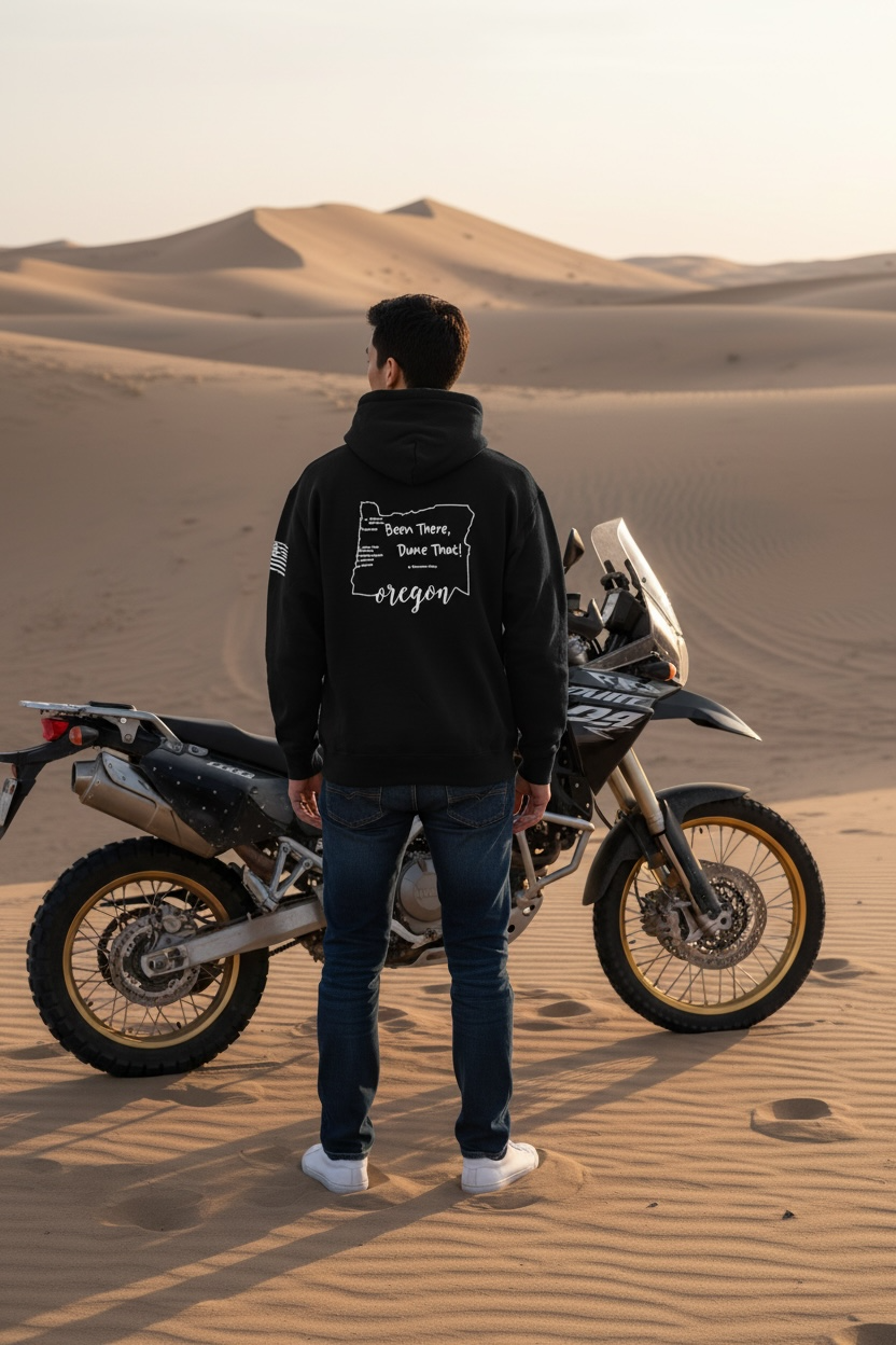 Person standing next to a motorcycle in a desert landscape