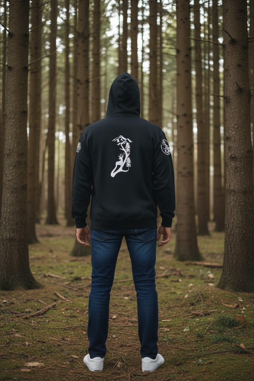 Person wearing a black hoodie with a white graphic on the back, standing in a forest.