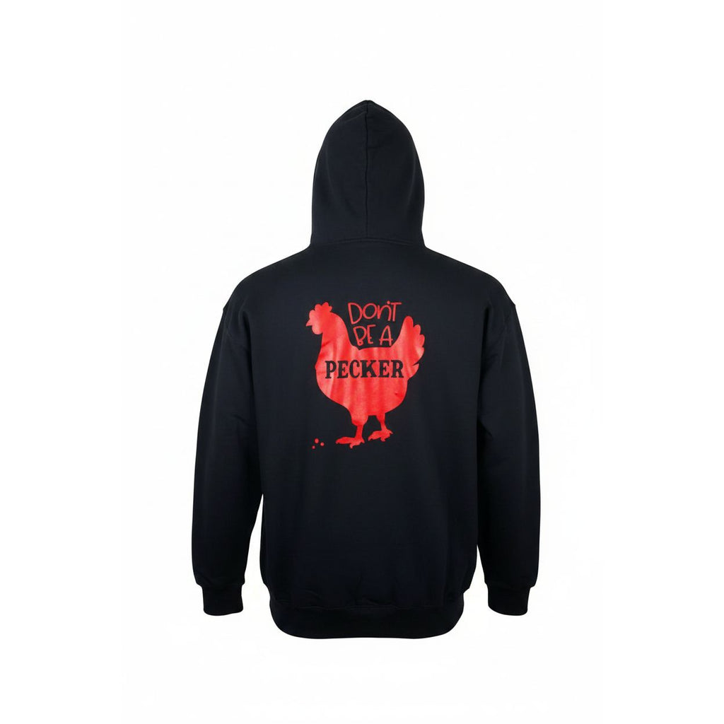 Black hoodie with red graphic design on a light gray background