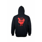 Black hoodie with red graphic design on a light gray background