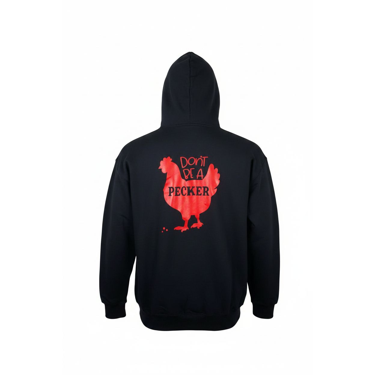 Black hoodie with red graphic design on a light gray background