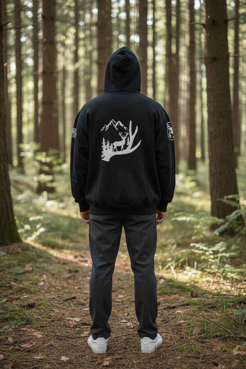 Person wearing a black hoodie with a white graphic in a forest