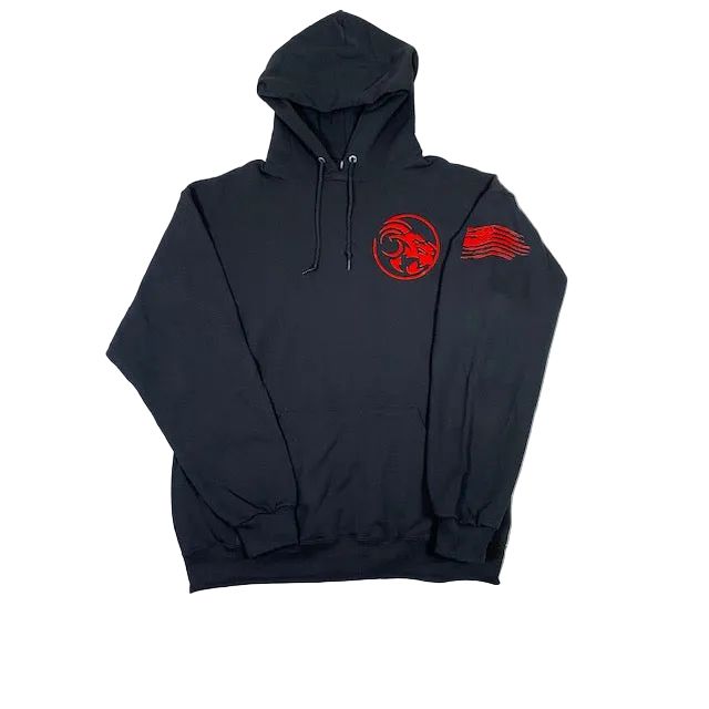 Black hoodie with red dragon logo on a white background