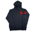 Black hoodie with red dragon logo on a white background