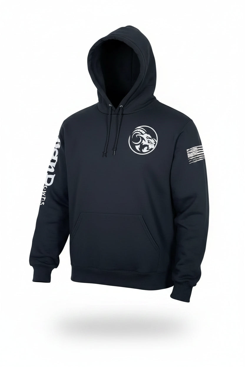 Black hoodie with white logo and text on a white background