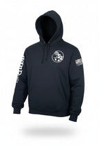 Black hoodie with white logo and text on a white background