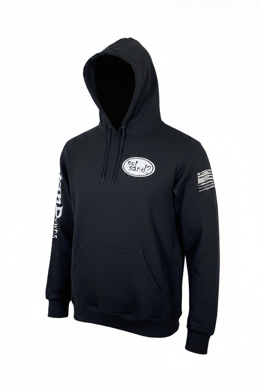 Black jacket with a white logo 