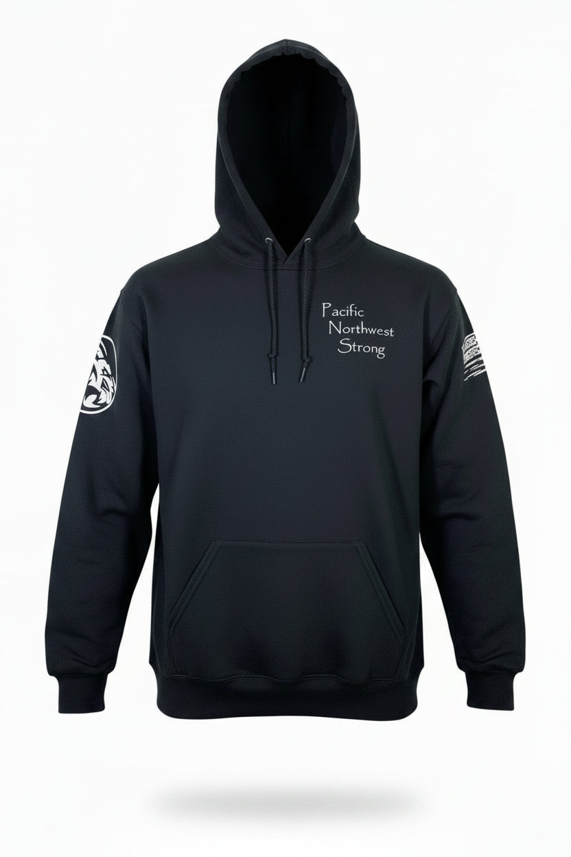 Black hoodie with 'Pacific Northwest Strong' text and logos on a white background