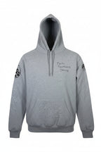 Gray hoodie with sleeve logos on a white background