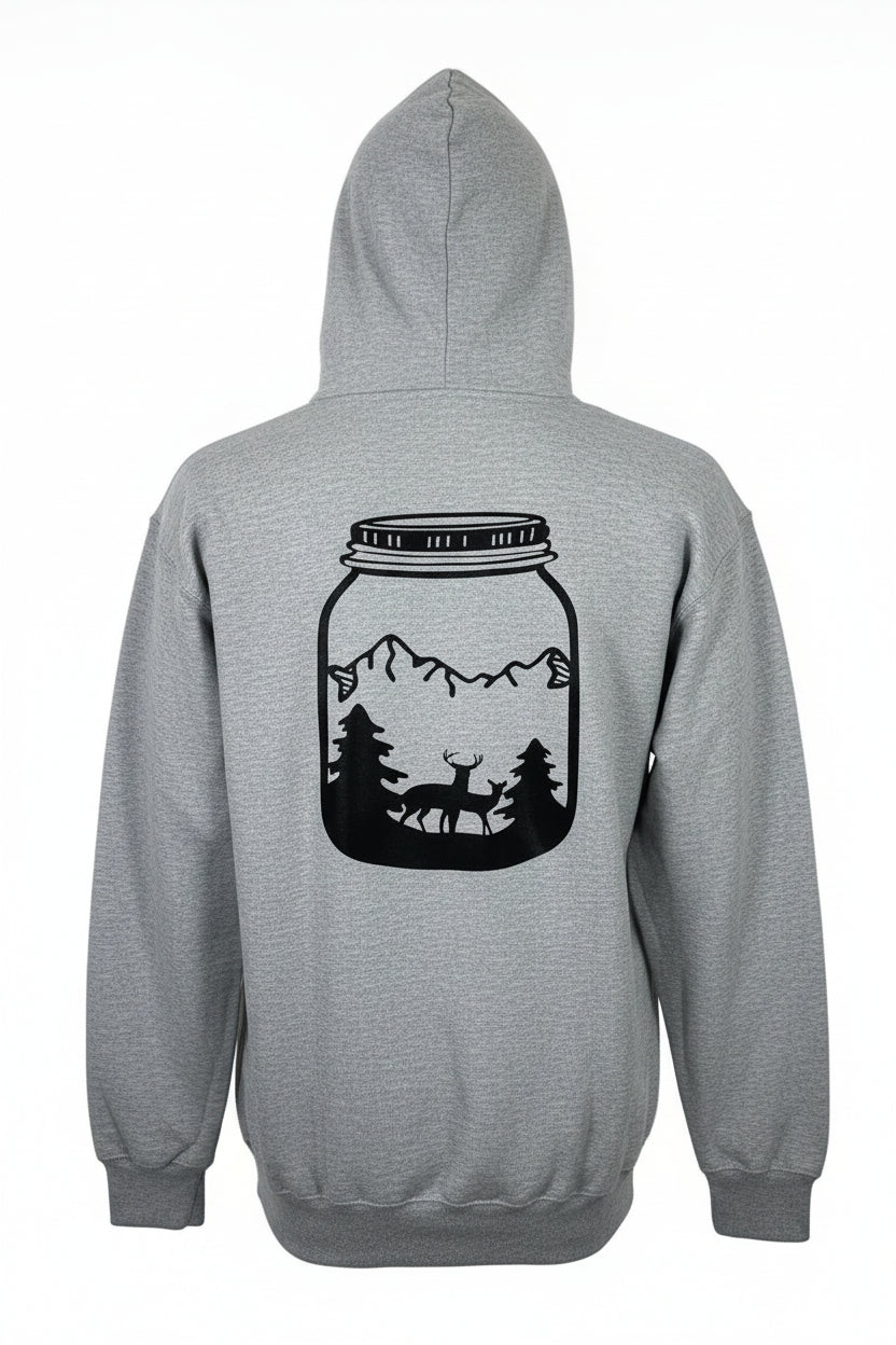 Gray hoodie with a black silhouette design of a jar with a deer and mountains on the back, on a white background.
