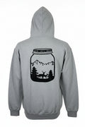 Gray hoodie with a black silhouette design of a jar with a deer and mountains on the back, on a white background.