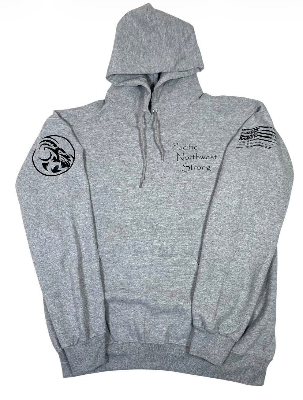 Gray hoodie with shoulder patches and text on a white background