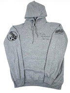 Gray hoodie with shoulder patches and text on a white background
