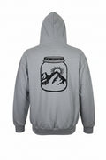 Gray hoodie with a black graphic of a jar and mountain on a white background