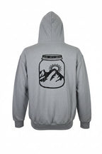 Gray hoodie with a black graphic of a jar and mountain on a white background