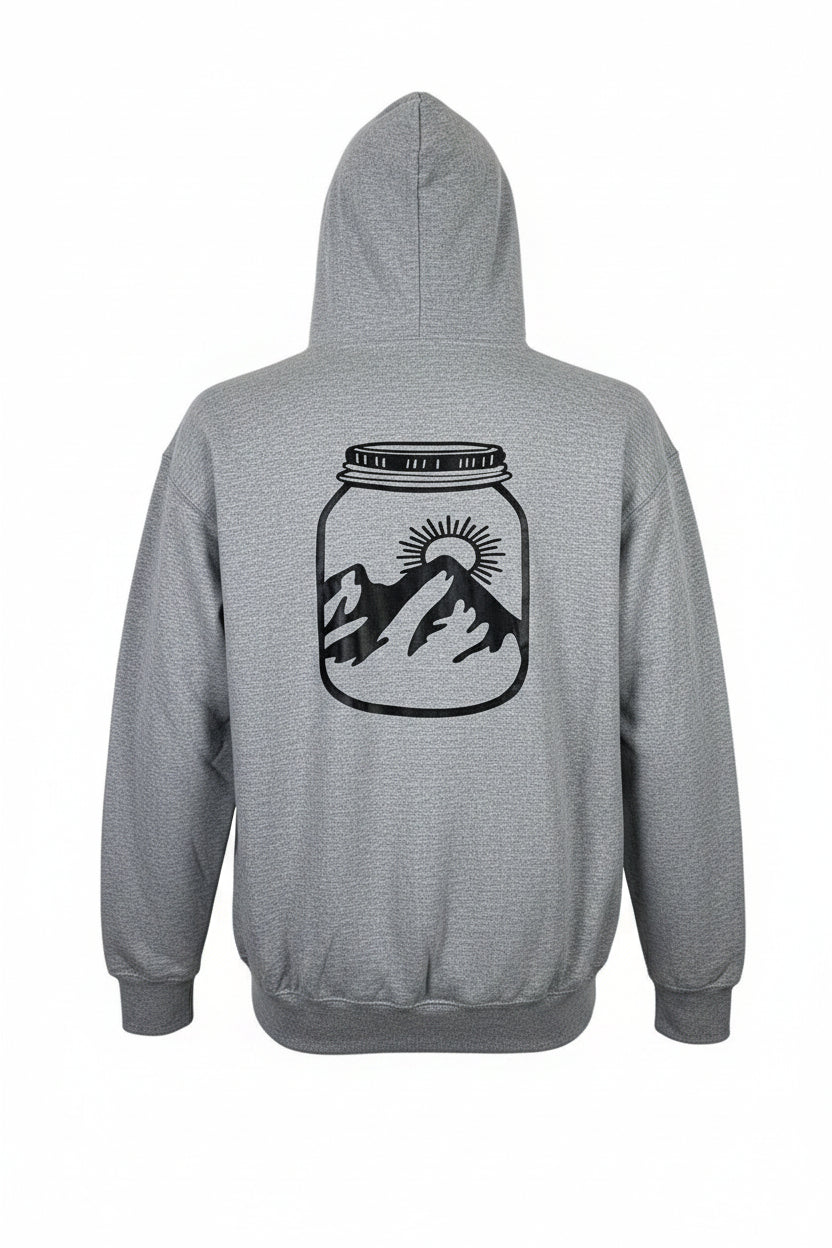 Gray hoodie with a black graphic of a jar and mountain on a white background