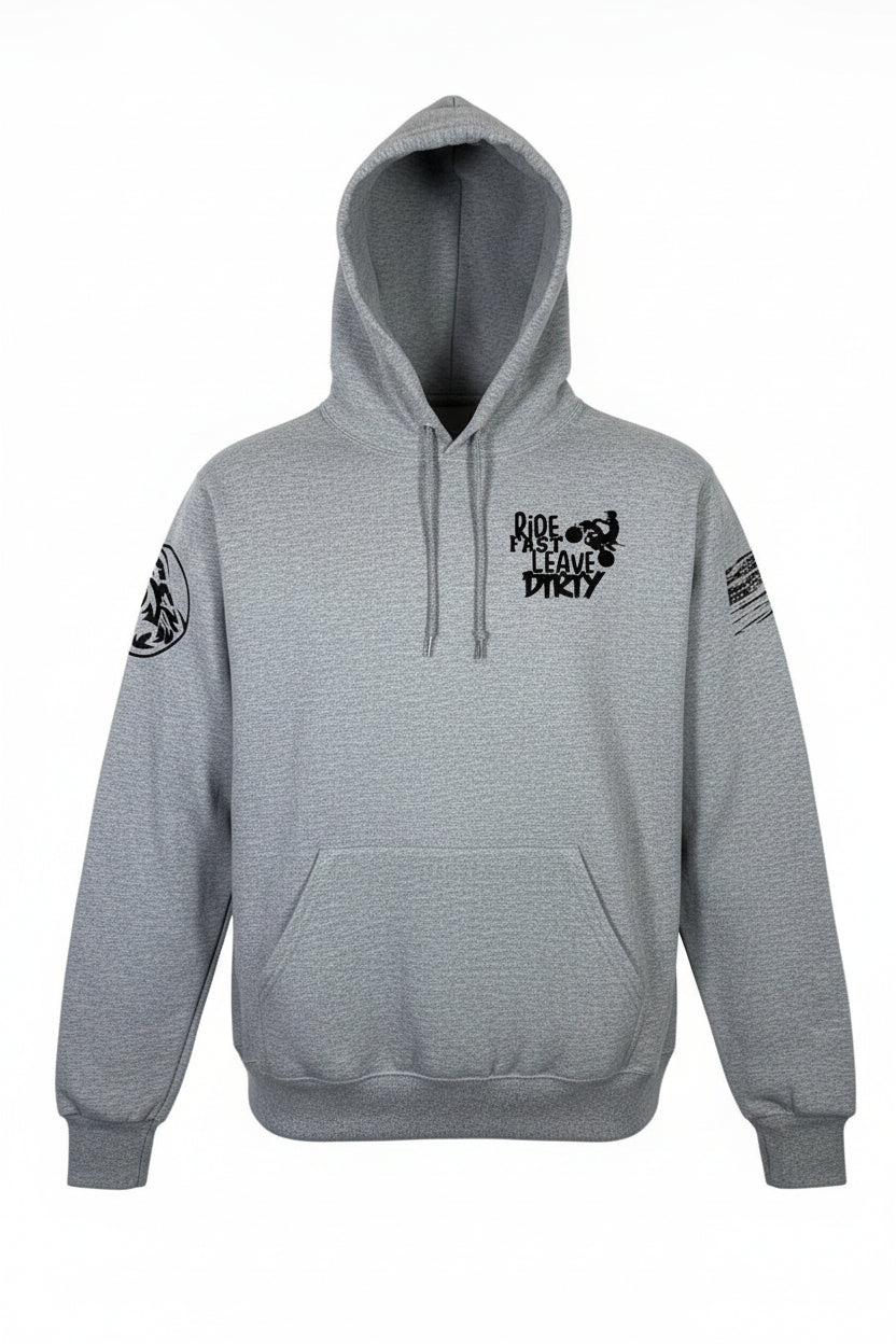 Gray hoodie with black graphics on sleeves against a white background