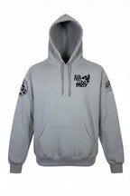 Gray hoodie with black graphics on sleeves against a white background