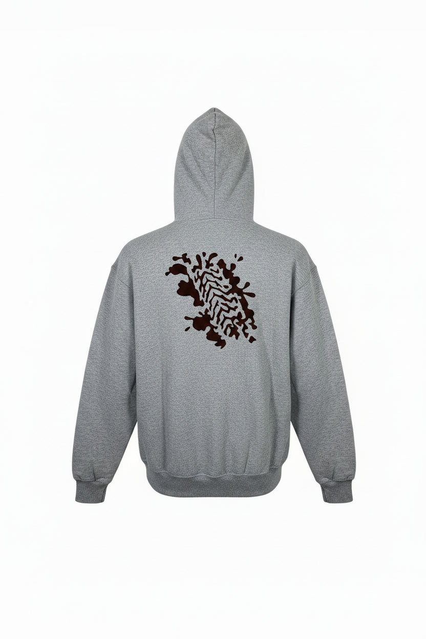 Gray hoodie with a brown abstract design on the back against a white background