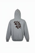 Gray hoodie with a brown abstract design on the back against a white background