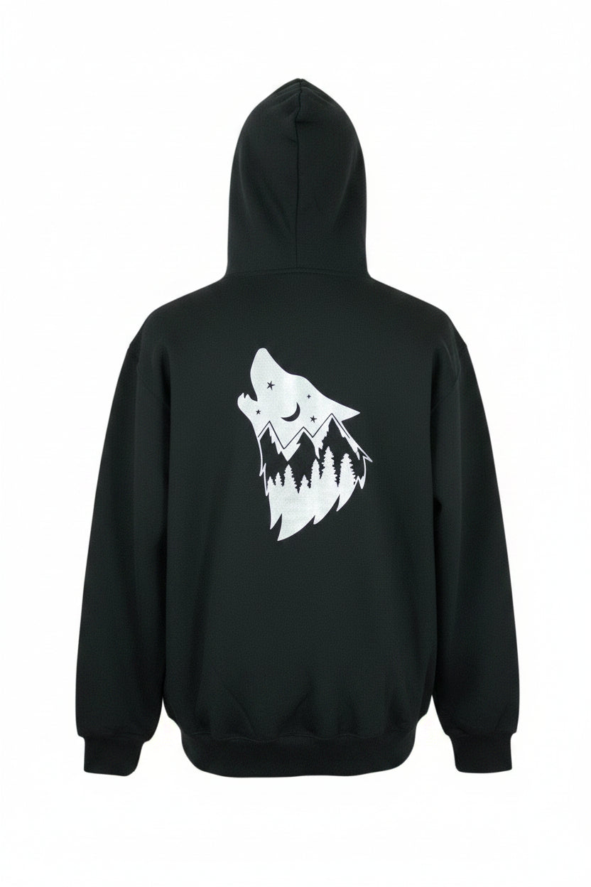 Black hoodie with a white graphic design on a white background