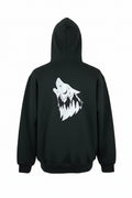 Black hoodie with a white graphic design on a white background