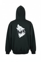 Black hoodie with a white graphic design on a white background