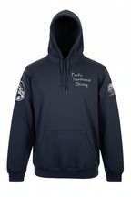 Black hoodie with 'Pacific Northwest Strong' text and logos on sleeves against a white background