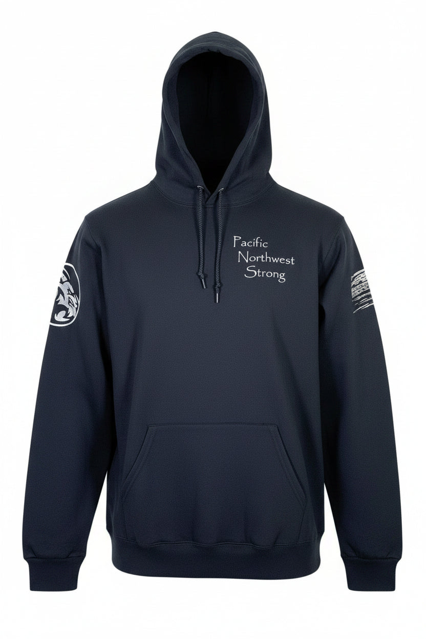 Black hoodie with 'Pacific Northwest Strong' text and logos on sleeves against a white background