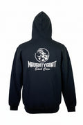 Black hoodie with 'Naughty Goat Sand Crew' logo on a white background
