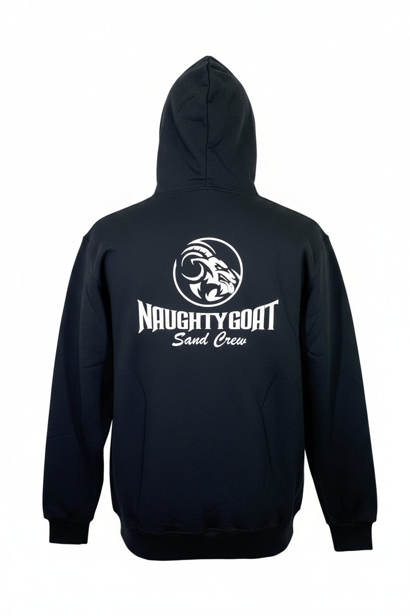 Black hoodie with 'Naughty Goat Sand Crew' logo on a white background