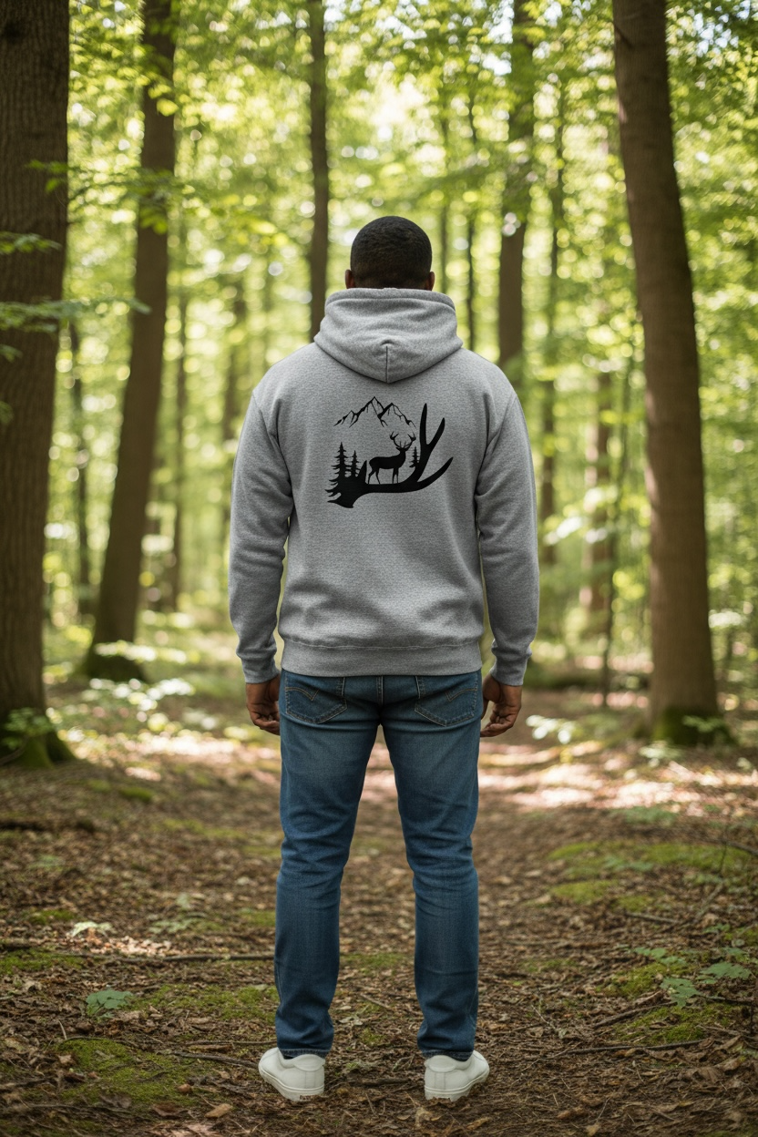 Person wearing a hoodie with a nature-themed design in a forest