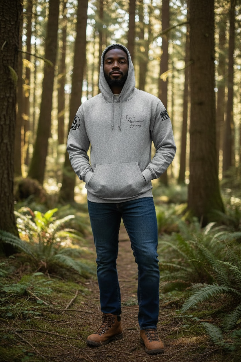 Man wearing a gray hoodie with text in a forest setting