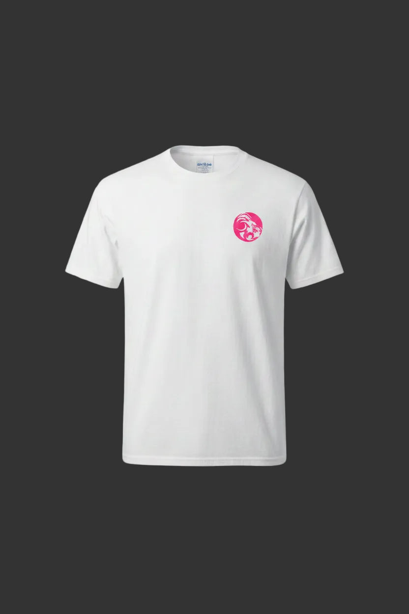 White t-shirt with a pink logo on a gray background