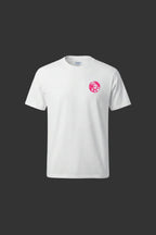 White t-shirt with a pink logo on a gray background