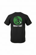 Black t-shirt with a green and white logo