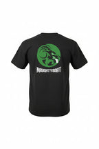 Black t-shirt with a green and white logo