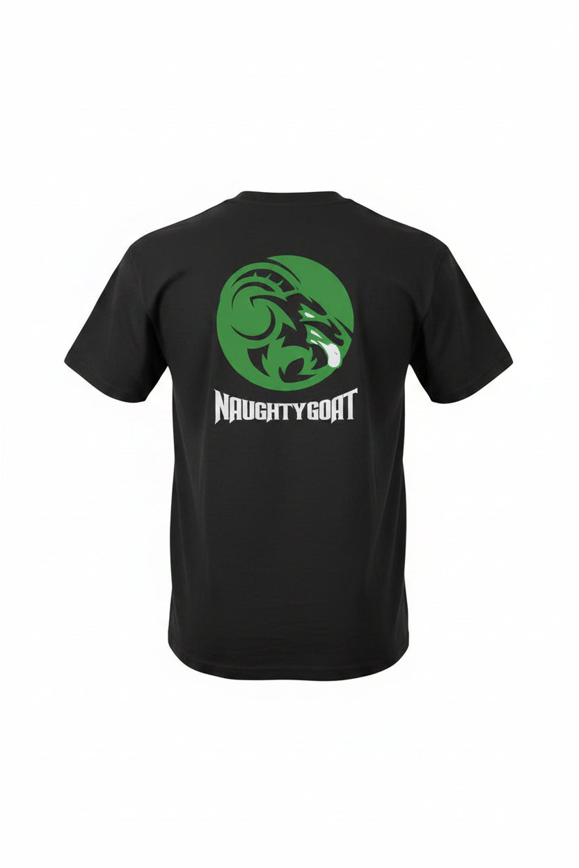 Black t-shirt with a green and white logo