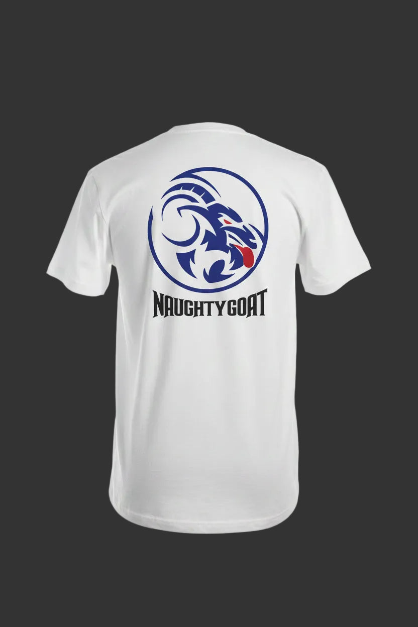 White t-shirt with a blue logo