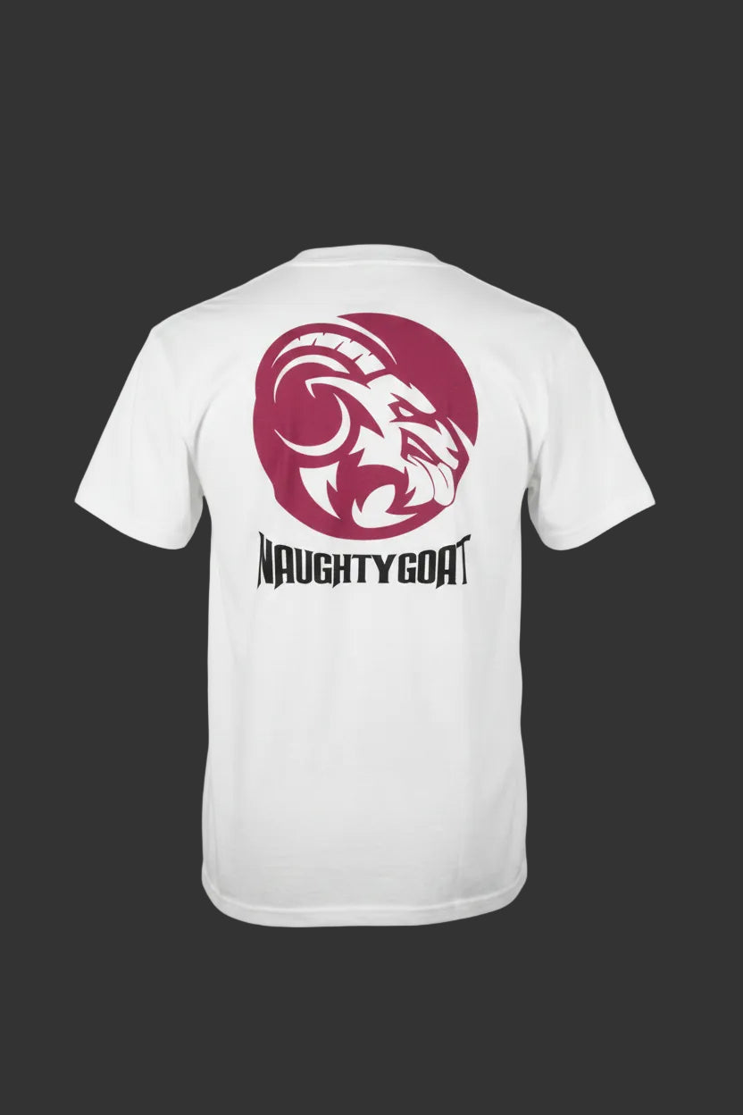 White t-shirt with a red and black logo on a gray background