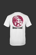 White t-shirt with a red and black logo on a gray background