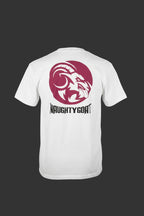 White t-shirt with a red and black logo on a gray background