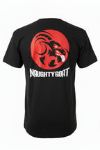Black t-shirt with a red and white logo