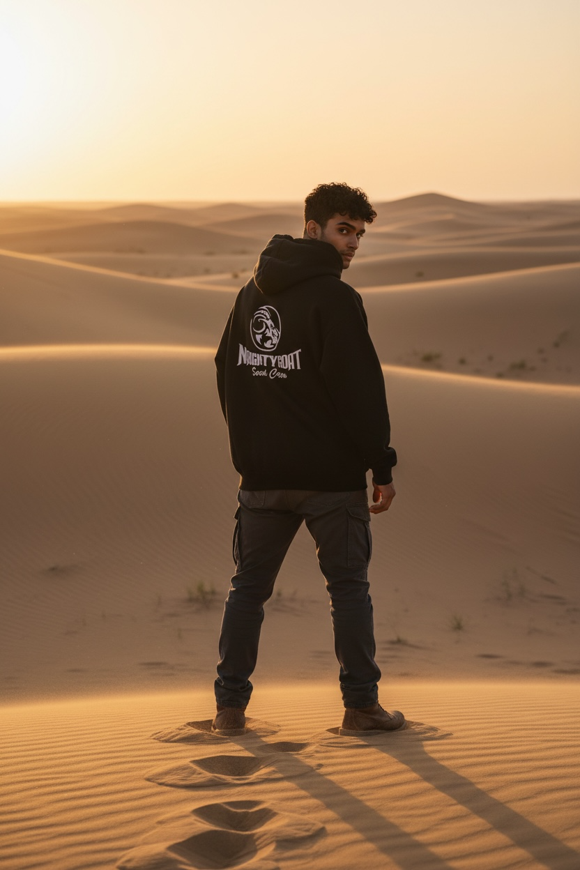 Person wearing a black hoodie with a logo standing in a desert at sunset.