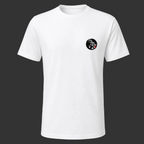 White t-shirt with a small black logo on the chest against a black background